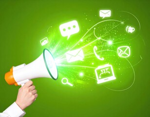 Megaphone Promoting Digital Communication with Floating Icons and Bright Green Background
