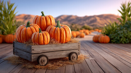 Pumpkins piled in rustic wooden cart with hay. Vibrant orange colors contrast with warm autumn landscape and rolling hills in the background. Concept of harvest, fall festivals, agriculture
