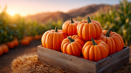 Freshly harvested orange pumpkins stacked in a rustic wooden crate on a farm. Warm sunset light enhances the natural beauty of the scene. Concept of agriculture, seasonal produce, autumn harvest