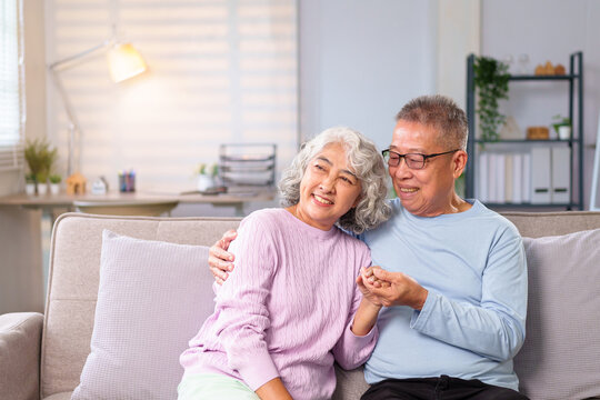 Happy Asian Senior Couple Relaxing on Sofa at Home Together Embracing and Holding Hands Representing Enduring Love Longevity and Comfortable Lifestyle - Powered by Adobe