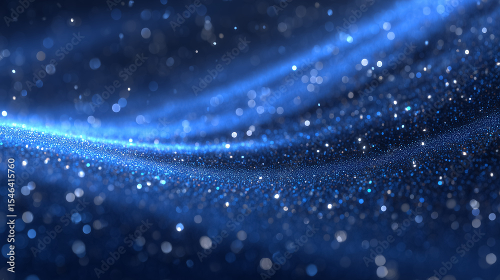 Poster blue particles shimmer and flow in a fluid wave pattern, creating a captivating abstract design. per