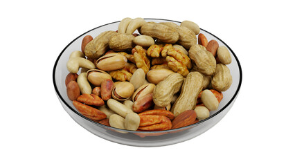 A glass bowl filled with a variety of nuts, showcasing a healthy snack option.