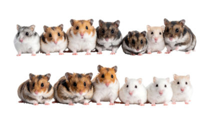 Adorable Collection of Playful Hamsters in Various Colors and Patterns on White Background