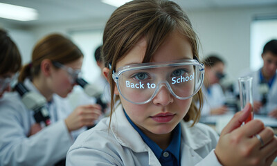 Girl in science class wearing protective glasses with 'Back to School' words visible in reflection.