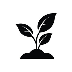 Simple Black Silhouette of a Young Plant Sprouting from Soil with Three Leaves on a White Background 2