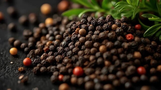 Close-up of assorted peppercorns on dark surface