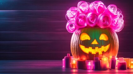 Carved halloween pumpkin with glowing eyes and mouth wearing a neon pink wig, surrounded by small lit candles, on a dark wooden background. All Hallows Eve, Samhain