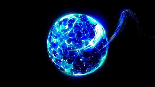 Dynamic morphing blue energy sphere with electric tendrils in dark void animation - Powered by Adobe