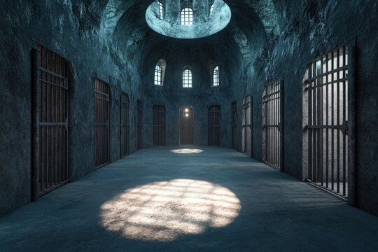 Round prison. Panopticon empty prison at daytime with surveillance spotlight off. 3d rendering. 