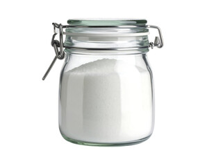 Glass Jar Filled with White Sugar on a White Background for Culinary and Baking Use