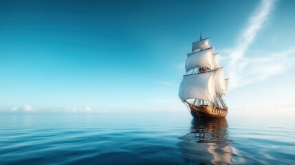 A majestic sailing ship glides effortlessly across a tranquil ocean, under a clear blue sky, symbolizing adventure, freedom, and the allure of the open sea.