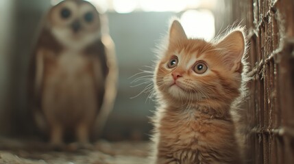 A playful kitten gazes with wonder in a cozy setting alongside an owl, beautifully capturing innocence and curiosity in the wild, perfect for pet and animal lovers.