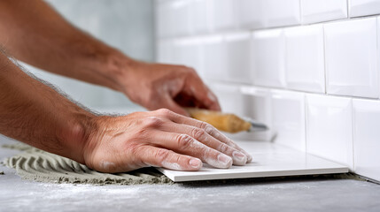 Hands working to lay tiles on a kitchen backsplash using a trowel and mortar. Bright and tidy environment showcasing renovation process. Concept of construction, home improvement, DIY projects