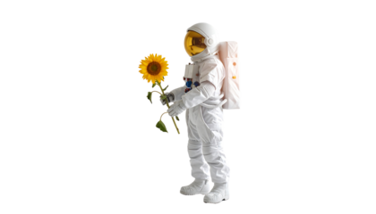Astronaut Holding Sunflower in Space with Bright Helmet and White Space Suit Against Black Background