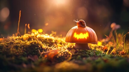 A snail sitting on top of a mushroom carved like a Halloween pumpkin. Autumn fall nature scene for Halloween greeting card. All Hallows Eve, Samhain