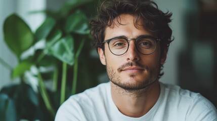 A thoughtful young man with glasses, calmly reflecting amidst indoor greenery, symbolizing tranquility and introspection as he engages with nature in an enclosed environment.