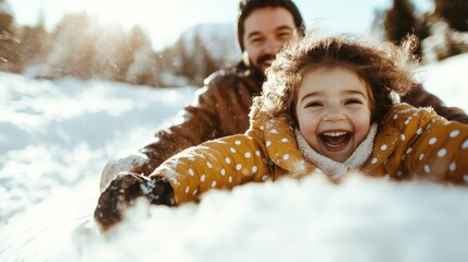A dad and daughter delight in a thrilling sled ride down a snowy hill, showcasing the joy and excitement of winter activities, laughter, and shared family adventures.