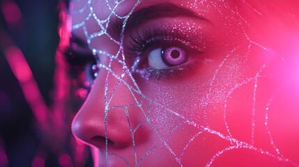 Woman with sparkling spider web face paint and pink glitter makeup, Halloween holiday celebration close up. All Hallows Eve, Samhain