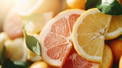A close-up of freshly sliced citrus fruits, showcasing their vibrant colors and textures, embodying freshness and vitality in a visually appealing arrangement.