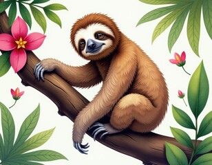 Obraz premium Adorable Sloth on Branch with Tropical Flowers - Cute Rainforest Animal Illustration