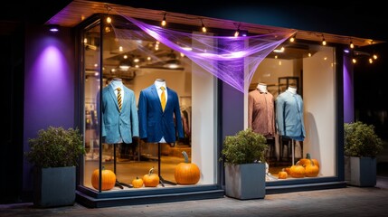 Naklejka premium Halloween decorated clothing store shop window display at night with pumpkins and spider web for holiday promotion. All Hallows Eve, Samhain