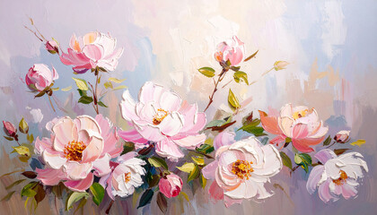 Rough palette knife oil painting of pastel pink flowers. Hand drawn art.