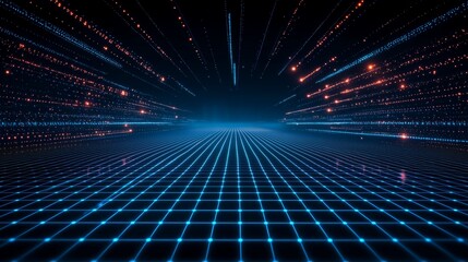 Futuristic Blue Neon Grid Background with Perspective Light Streaks for Digital Design