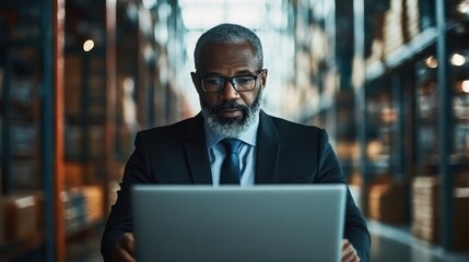 A distinguished man working intently on a laptop in an industrial setting, symbolizing dedication and professionalism that speaks to modern work culture and ambition.