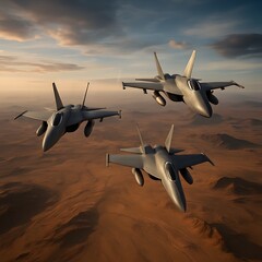 A trio of fighter jets in formation flying above arid terrain near contested borders