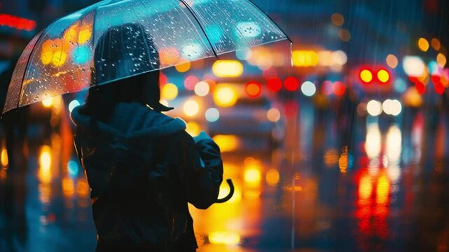 Solitude in the City Rain: A lone figure stands under a transparent umbrella, navigating a rainy urban scene illuminated by the glow of streetlights and reflections on wet pavement. - Powered by Adobe