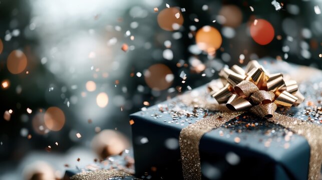 A beautifully wrapped gift box with a shiny bow, surrounded by sparkles and festive decorations, evoking a warm, celebratory atmosphere perfect for gifting moments.