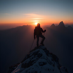 Mountain Climber Silhouette On Peak With Sunrise Glow