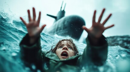 A gripping scene portrays a child in distress, struggling in turbulent ocean waters, with a submarine looming in the background, capturing the urgency and drama of the moment.