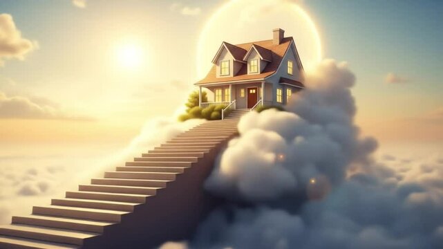 Dream House on Clouds Surreal Stairway to a Home in the Sky