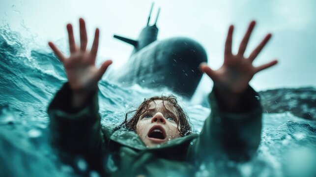 A gripping scene portrays a child in distress, struggling in turbulent ocean waters, with a submarine looming in the background, capturing the urgency and drama of the moment.
