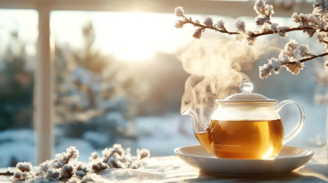 A beautifully brewed teapot releasing steam, set in a cozy home environment, illustrating warmth, relaxation, and the simple pleasures of enjoying a cup of tea.