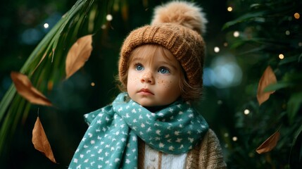 Little girl in green scarf and knitted hat looks up, immersed in autumn's embrace. Fall season inspiration, Halloween mood. All Hallows Eve, Samhain