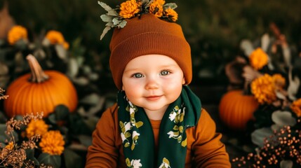Happy halloween little kid smiling in pumpkin patch area. Adorable baby boy with blue eyes enjoying autumn season. Fall harvest. All Hallows Eve, Samhain
