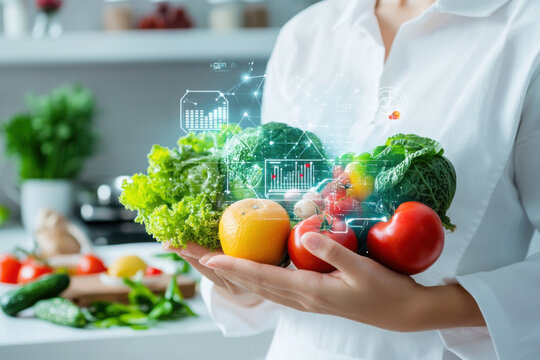 Person holding fresh vegetables and fruits with digital nutrition data overlay in modern kitchen representing smart food technology concept