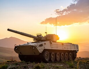 Military tank silhouette at sunset against mountainous landscape in warm sky hues