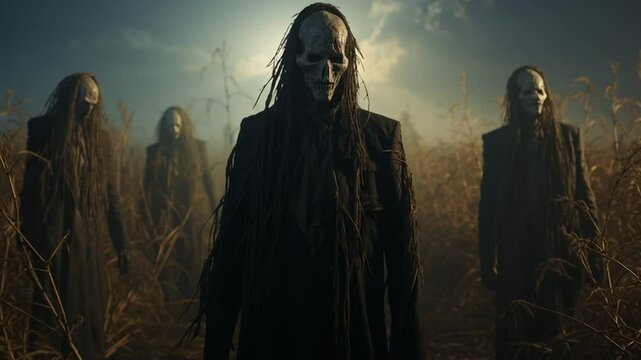 Shadowy Figures in the Field: The eerie atmosphere is created by the presence of shadowy figures standing amidst tall, dry grass under an overcast sky.