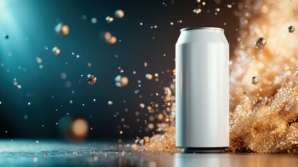 A minimalistic white can stands proudly against a vibrant background infused with sparkling elements, capturing the allure of beverage presentation and artistic expression.