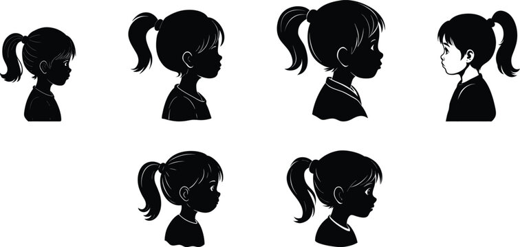 girl with  ponytail  hair side pose face silhouette set vector illustration