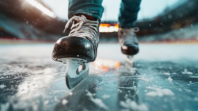 A close-up view of a skater's blade gliding over the smooth ice conveys the excitement and grace of ice skating, reflecting athleticism and passion for sport.
