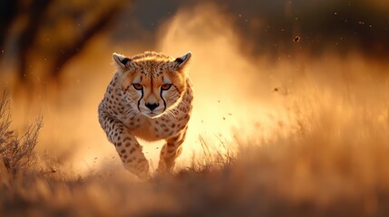 A majestic cheetah runs through a golden landscape, showcasing its natural grace and speed, highlighting the raw beauty of wildlife and the essence of the wild.