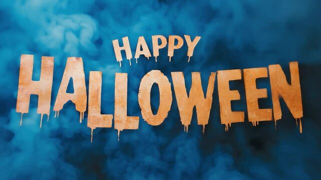 Blue background with orange letters that say Happy Halloween. concept of halloween celebration october 31
