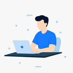 Young man working Flat vector illustration. Young man sits at a desk with a laptop. Good for business, Presentation and corporate design projects.