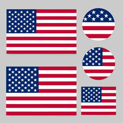 Fototapeta premium Set of American flag vector illustrations featuring various styles: flat, waving, grunge, minimalist, and icon formats for versatile design use.