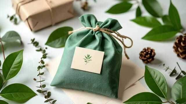 Eco-Friendly Gift Packaging: Green Fabric Pouch with Natural Decorations