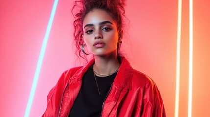 A confident woman poses against vibrant neon lights, showcasing a chic red outfit that captures the essence of modern style and youthfulness in urban fashion.